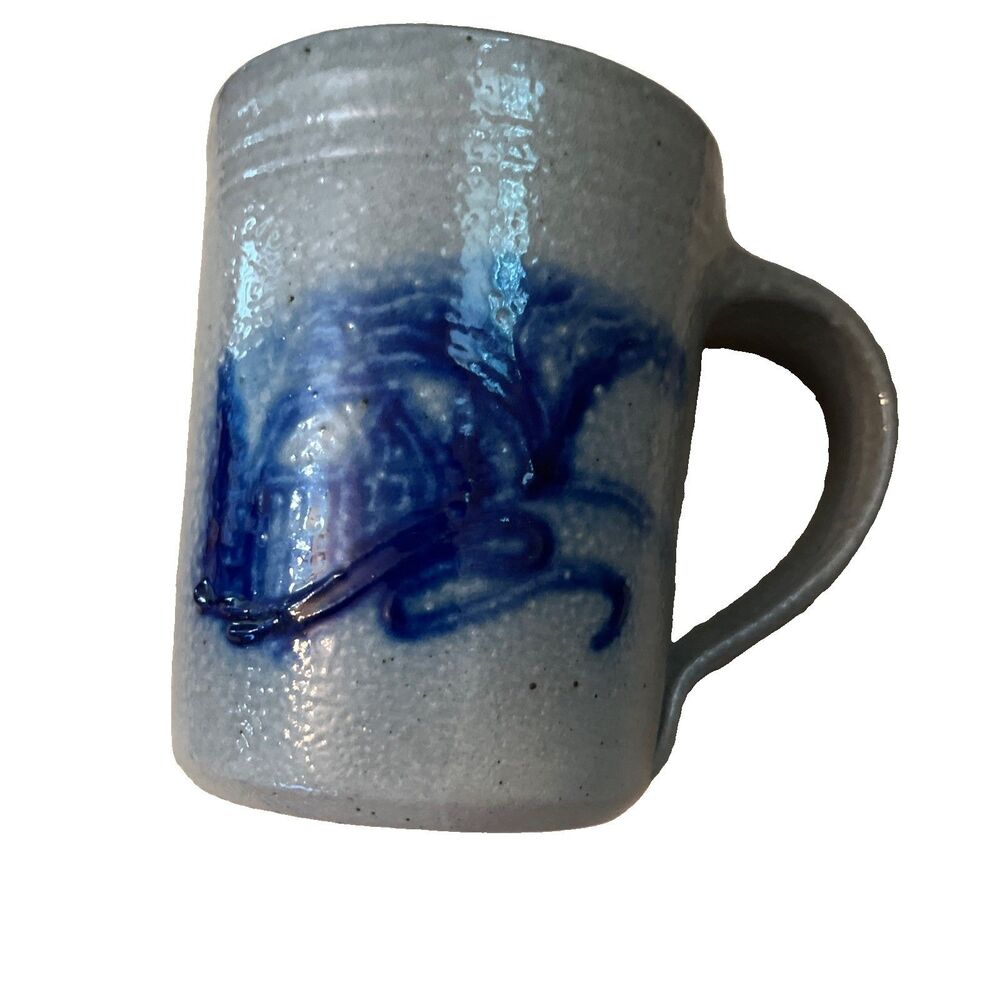 ELDRETH Pottery  Mug Cup Salt Glaze Cobalt Blue Signed 2006 Gray Home Primitive